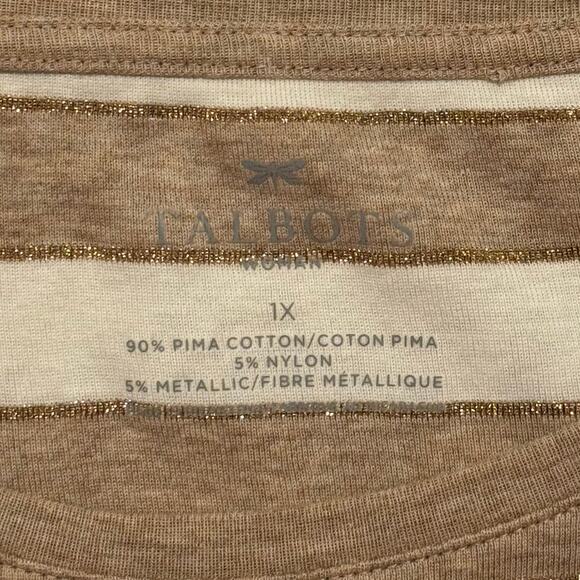 Talbots Top Coastal Nautical Minimalist Preppy Metallic Stripe Ivory Brown 1X - Picture 3 of 6